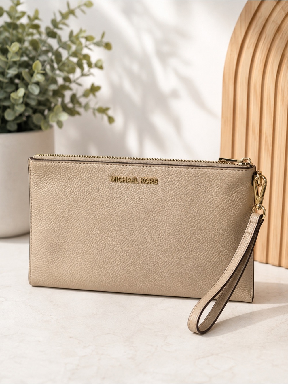 Michael Kors Cream Pebbled Leather Wristlet Clutch‎ with Gold Logo